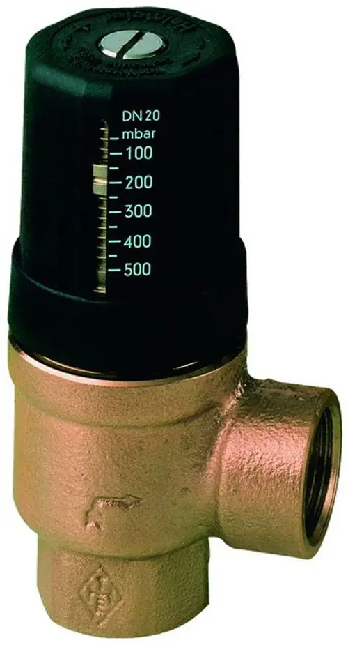 Differenzdruck-Überströmventil mit Innengewinde, hergestellt von IMI Hydronic Engineering. Das Ventil zeigt eine Skala für Druckwerte in mbar an.